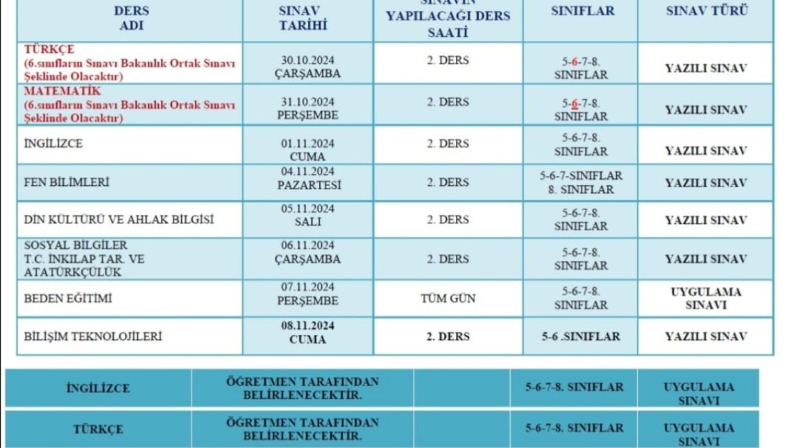 1. Dönem Ortak Sınav Takvimi